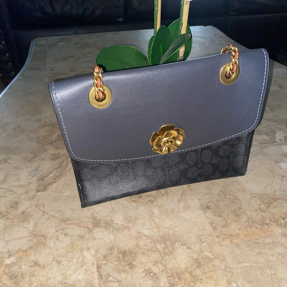 Coach color block flap bag with gold chain